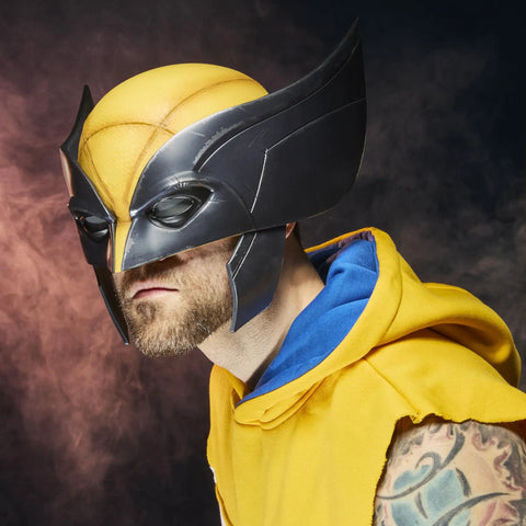 Legit Screen Accurate Wolverine Premium Roleplay Mask Featuring Authentic Movie Details And Officially Licensed Construction For Top Shelf Adult Collectibles And Zero Fuss Cosplay worn by a man, side view, showcasing helmet detail and yellow color.