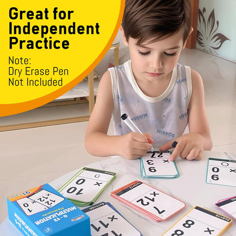 Child practicing with Multiplication Mastery Flash Cards 0-12 Set With 91 Cards And Rings, Times Tables Practice For Grades 2 3 4 5 6.