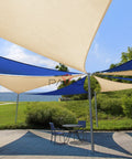 Beige Triangle Sun Shade Sail 8x8x11.3 Feet For Patio And Backyard hung over a patio with chairs, heavy duty UV blocking shade display