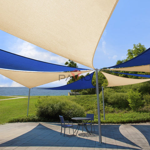 Beige Triangle Sun Shade Sail 8x8x11.3 Feet For Patio And Backyard hung over a patio with chairs, heavy duty UV blocking shade display