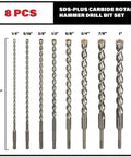 Heavy Duty SDS Plus Hammer Drill Bit Set For Brick Stone And Concrete In 12 Inch Length Eight Piece Includes Sizes From Quarter Inch To One Inch Built For Fast Masonry Drilling And Long Lasting Durability displayed on a white background