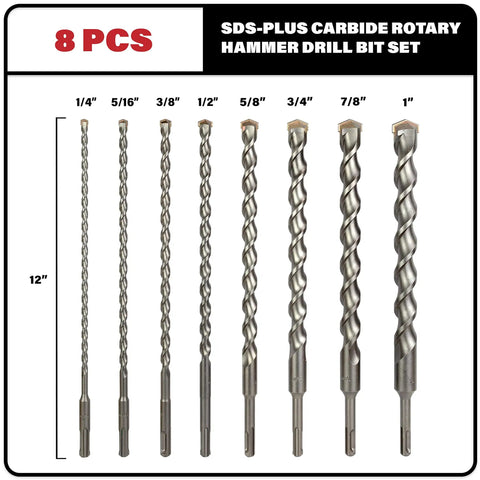 Heavy Duty SDS Plus Hammer Drill Bit Set For Brick Stone And Concrete In 12 Inch Length Eight Piece Includes Sizes From Quarter Inch To One Inch Built For Fast Masonry Drilling And Long Lasting Durability displayed on a white background