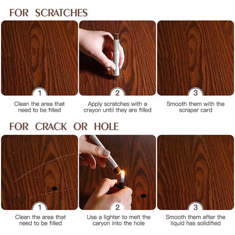 Instructions for using 17 Piece Quick Fix Furniture Repair Kit With 8 Touch Up Markers And 8 Wax Sticks Plus Sharpener For Wood Scratches And Stains