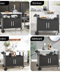 Grill Cart With Big Storage Cabinet And Stainless Steel Surface Movable Outdoor Dining Station For Pizza Ovens And Grills Kitchen Island Cart Multifunction Food Prep Table For Backyard Cookin shown in various settings