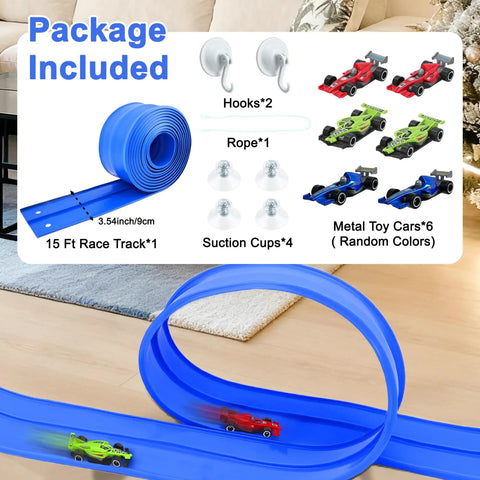 15 Ft Flexible Race Track Set With Two Lane Track And 6 Toy Cars For Kids package with blue PVC track and colorful cars