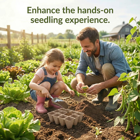 Father and daughter planting with 144 Cell Seed Starter Tray With Biodegradable Peat Pots 12 Pack Plant Starter Kit