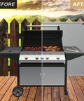 Heavy Duty Fireproof Grill Backsplash Mat To Shield Your Deck Fence And Railing From Scorching Heat Grease Splatter And Smoke, No Sweat Patio Backguard Cover That Keeps Your Wood Looking Fresh All Season Long displayed with a grill.
