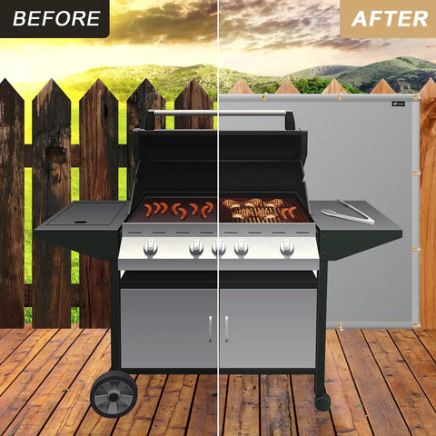 Heavy Duty Fireproof Grill Backsplash Mat To Shield Your Deck Fence And Railing From Scorching Heat Grease Splatter And Smoke, No Sweat Patio Backguard Cover That Keeps Your Wood Looking Fresh All Season Long displayed with a grill.