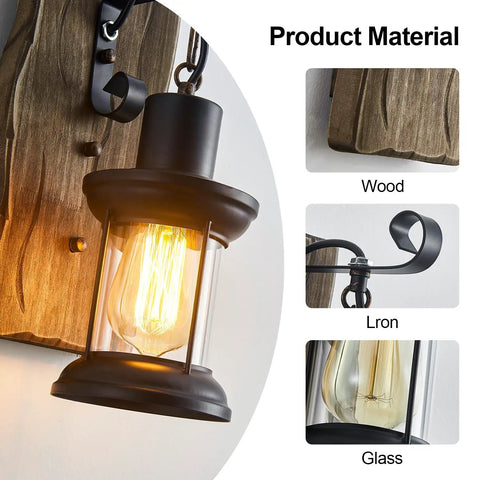 Set Of Two Rustic Industrial Wall Sconces In Black Metal With Wood Backplate Farmhouse Indoor Lighting close-up showing materials