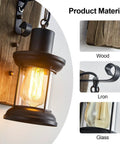 Rustic Farmhouse Wall Sconce With Wood And Metal Finish showing material details of wood, metal, and clear glass.