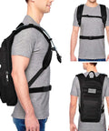 Man wearing Hydration Backpack With 3L Bladder, Tactical MOLLE Water Pack For Hiking, Biking, Running And Climbing, black, side view