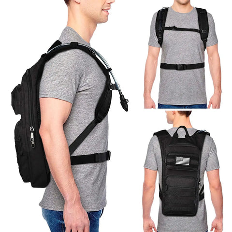 Man wearing Hydration Backpack With 3L Bladder, Tactical MOLLE Water Pack For Hiking, Biking, Running And Climbing, black, side view