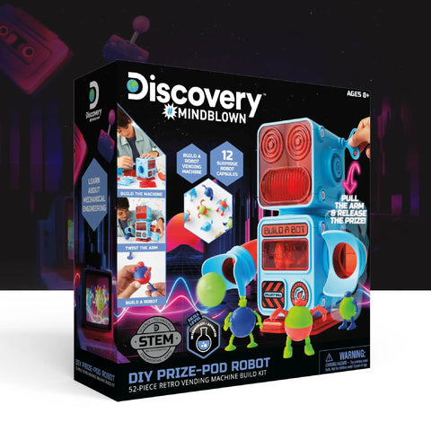 Prize Pod Robot Kit With 52 Piece Vending Machine Build Set And 12 Transforming Capsules, Hands On STEM Learning Toy For Kids Age 8 Plus, Retro Style Robotic Project For Education And Engineering Fun. Box front view