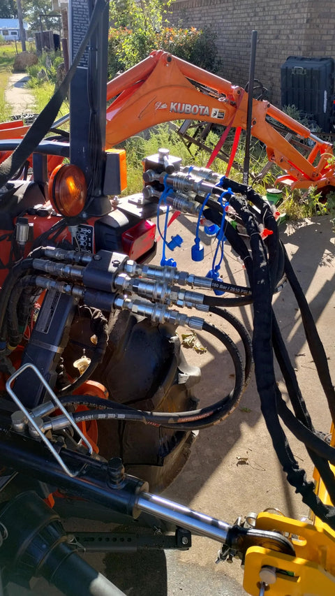 Tractor remote 6-port diverter valve manifold with bracket and bolts; hydraulic block with silver fittings and hoses