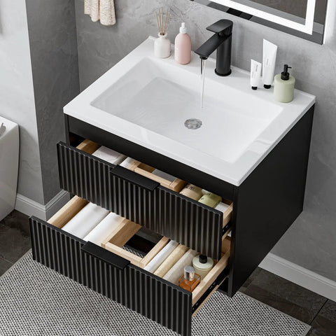 24 Inch Modern Mdf Bathroom Vanity With Sink Wall Mounted Floating Cabinet Featuring Smooth Glide Drawers And Matte Black Handles For A Top Shelf Bathroom Glow Up And Zero Clutter Setup