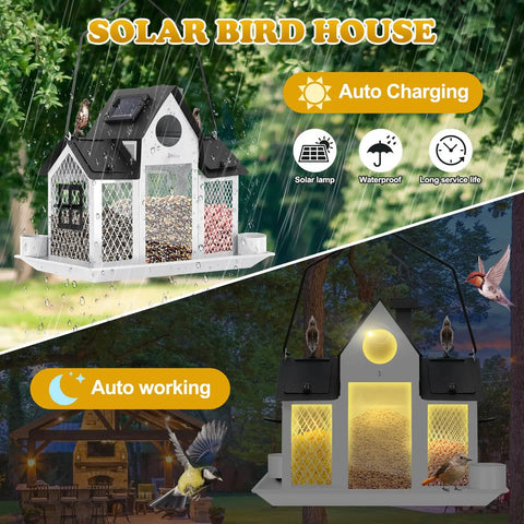 Outdoor Solar Powered Bird Feeder For Cardinals Large White Hanging Metal Wild Bird Feeder With Squirrel Proof Design