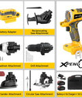 Six Tool 18V Cordless Power Tool Kit With Drill Circular Saw Palm Sander Impact Driver Reciprocating Saw And LED Battery Adapter Compatible With Makita 20V Batteries Includes Two 4.0Ah Batteries And Fast Charger shown with attachments and case