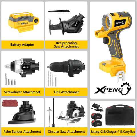 Six Tool 18V Cordless Power Tool Kit With Drill Circular Saw Palm Sander Impact Driver Reciprocating Saw And LED Battery Adapter Compatible With Makita 20V Batteries Includes Two 4.0Ah Batteries And Fast Charger shown with attachments and case