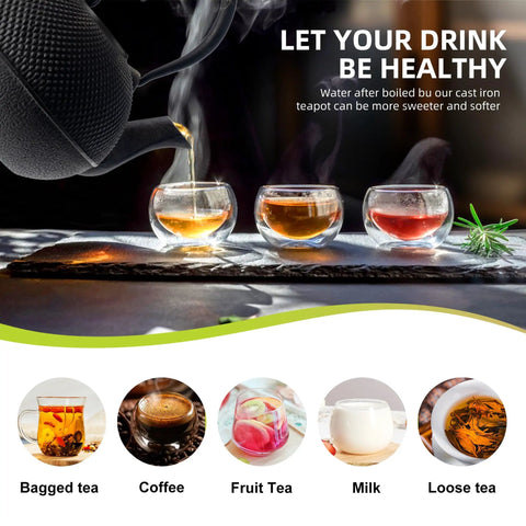 Japanese Tetsubin Cast Iron Teapot With Stainless Steel Infuser pouring tea into glass cups with steam visible