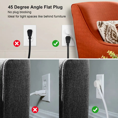 45 degree flat plug of 15 Ft Long Extension Cord With 3 Outlet Desk Power Strip And 3 USB Ports shown behind furniture