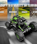 All Terrain RC Monster Truck For Kids with big anti-slip wheels showcasing adaptability on sand, highway, grass, and stone