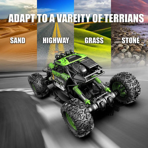 All Terrain RC Monster Truck For Kids with big anti-slip wheels showcasing adaptability on sand, highway, grass, and stone