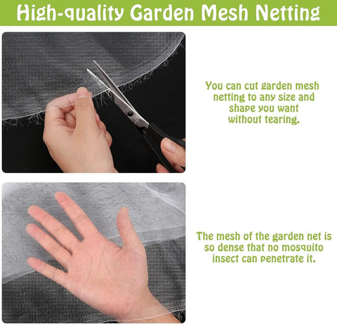 Hands cutting and holding Ultra Fine Garden Netting 10X30Ft Plant Barrier For Backyard Veggies And Flowers Keeps Pests Out With 0.8X1mm Mesh.