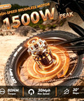 Close-up of Powerful 2500 Watt Fat Tire Electric Bike motor highlighting 1500W peak power on sandy terrain.