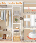 The Go To Portable Wardrobe Closet And Clothes Rack With Four Tier Shelves For Folded Fits And Bags Plus A Double Layer Shoe Rack That Holds Fourteen Pairs And Plenty Of Hanging Spots To Keep Your Jacket And Blouse Collection Squeaky Clean, showing hanging clothes and adjustable feet.