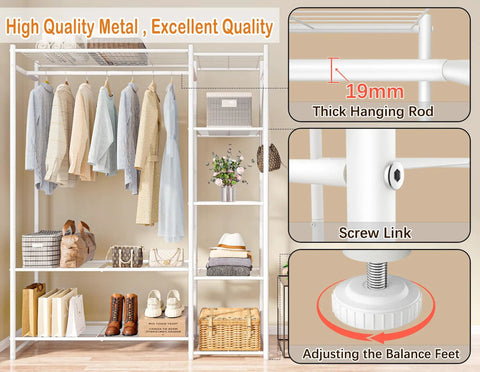 The Go To Portable Wardrobe Closet And Clothes Rack With Four Tier Shelves For Folded Fits And Bags Plus A Double Layer Shoe Rack That Holds Fourteen Pairs And Plenty Of Hanging Spots To Keep Your Jacket And Blouse Collection Squeaky Clean, showing hanging clothes and adjustable feet.