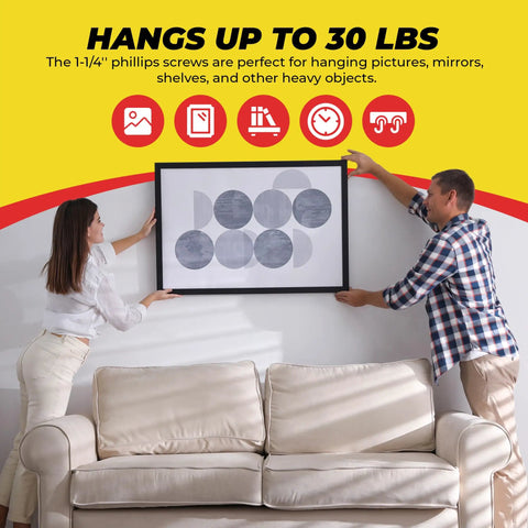 Couple hanging picture using Mini N6 Plastic Self Drilling Drywall Anchors With Screws Kit 50 Pack, above sofa