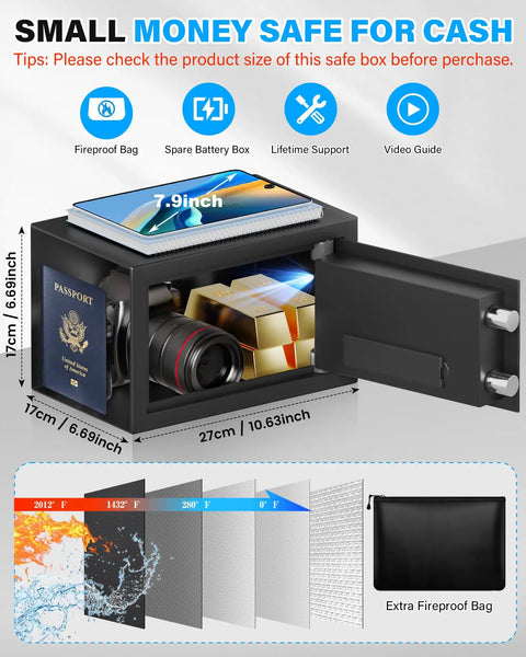 Compact Home Safe Box 0.30 Cu Ft Mini Safe With Digital Keypad, shown open with valuables inside, includes fireproof bag.