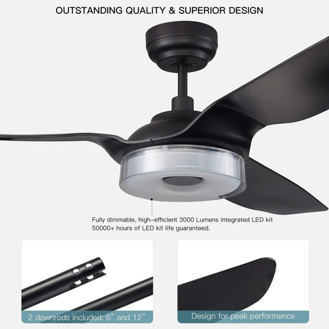 Modern Indoor Outdoor Smart Ceiling Fan 56 Inch Black With Remote, featuring LED light, 3 blades. Shown close up.