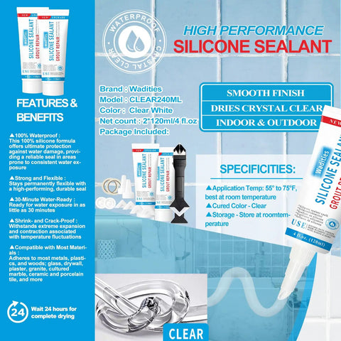 Clear Waterproof Caulk And Seal Silicone Sealant Duo Pack With Grout Repair Kit And Scraper, Shrink Proof And Crack Resistant For Bathroom Shower Kitchen And Floor, 4 Oz Each, Pack Of 2 in packaging with features overview.