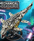 Myth Qholve Mechanical Mosasaurus Building Block Set With Precision Gear System And Hand Crank Motion on display stand in aquarium scene