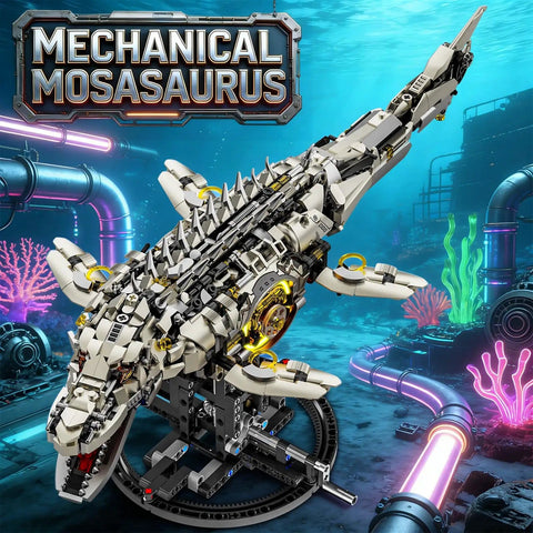 Myth Qholve Mechanical Mosasaurus Building Block Set With Precision Gear System And Hand Crank Motion on display stand in aquarium scene