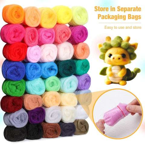 Needle Felting Starter Kit With 40 Color Wool Roving 3 Grams Each for Felted Animals and DIY Wool Crafts, colorful roving display.