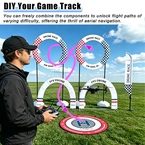 Person controlling drone in DIY Obstacle Course Kit For Drones Dope Hoop Gates And PVC Track For 23.6 Inch Quadcopter FPV RC Racing Training Set Stable Crashproof Obstacle Course For Practice Competitive Drills And Custom Track Building with colorful gates and flags in park.