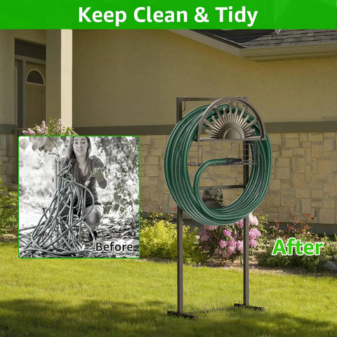 Heavy Duty Garden Hose Holder With Brass Faucet Freestanding Hose Reel Stand With Storage Basket holding hose outdoors