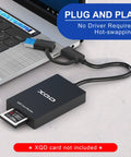 XQD Card Reader With USB 3.0 Dual Type A And Type C, 5Gbps Transfer Speed connected to laptop, showing plug and play feature