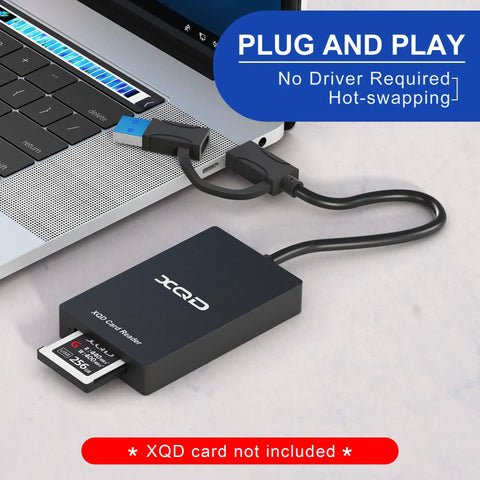 XQD Card Reader With USB 3.0 Dual Type A And Type C, 5Gbps Transfer Speed connected to laptop, showing plug and play feature