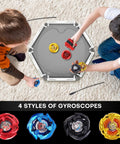 Children playing with Stadium Battling Set With 4 Spinning Tops 2 Launchers And Arena Featuring X Acceleration Rail