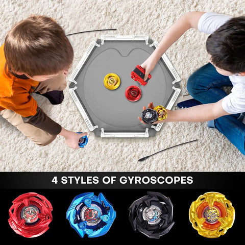 Children playing with Stadium Battling Set With 4 Spinning Tops 2 Launchers And Arena Featuring X Acceleration Rail