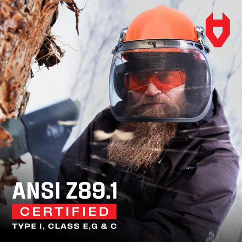 Man wearing Six-In-One Chainsaw Helmet With Face Shield And Ear Muffs For Forestry And Arborist Work in a forest setting