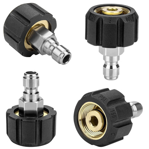 Pressure washer adapter set, 2 pairs, M22-14mm, 1/4in quick-connect fittings, metal connectors with black knobs