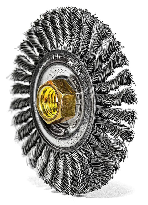 Roughneck Max Stringer Bead Wire Wheel For Weld Cleaning With Steel Fill Four Inch Wheel Pack Of Five Includes UNC Nut