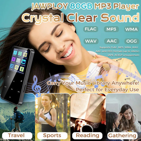 80GB Bluetooth MP3 Player With HiFi Sound Portable Music Player for travel, sports, reading, gatherings, shown with images of lifestyle uses