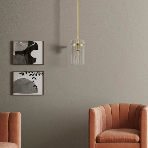 3 Pack Modern Gold Pendant Lights With 5.3 Inch Clear Glass Shades, Brushed Brass Finish, E26 Base, Dimmable, indoor setup view