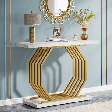 Gold Console Table With Faux Marble Top And Geometric Metal Base A 40 Inch Modern Entryway Table For Your Living Room Hallway Or Foyer