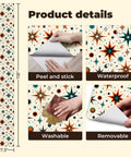 Retro Starburst Peel And Stick Wallpaper Roll With Heavy Duty Self Adhesive Backing For Instant Accent Wall Makeovers showing peel and stick details, washability, and sizes.